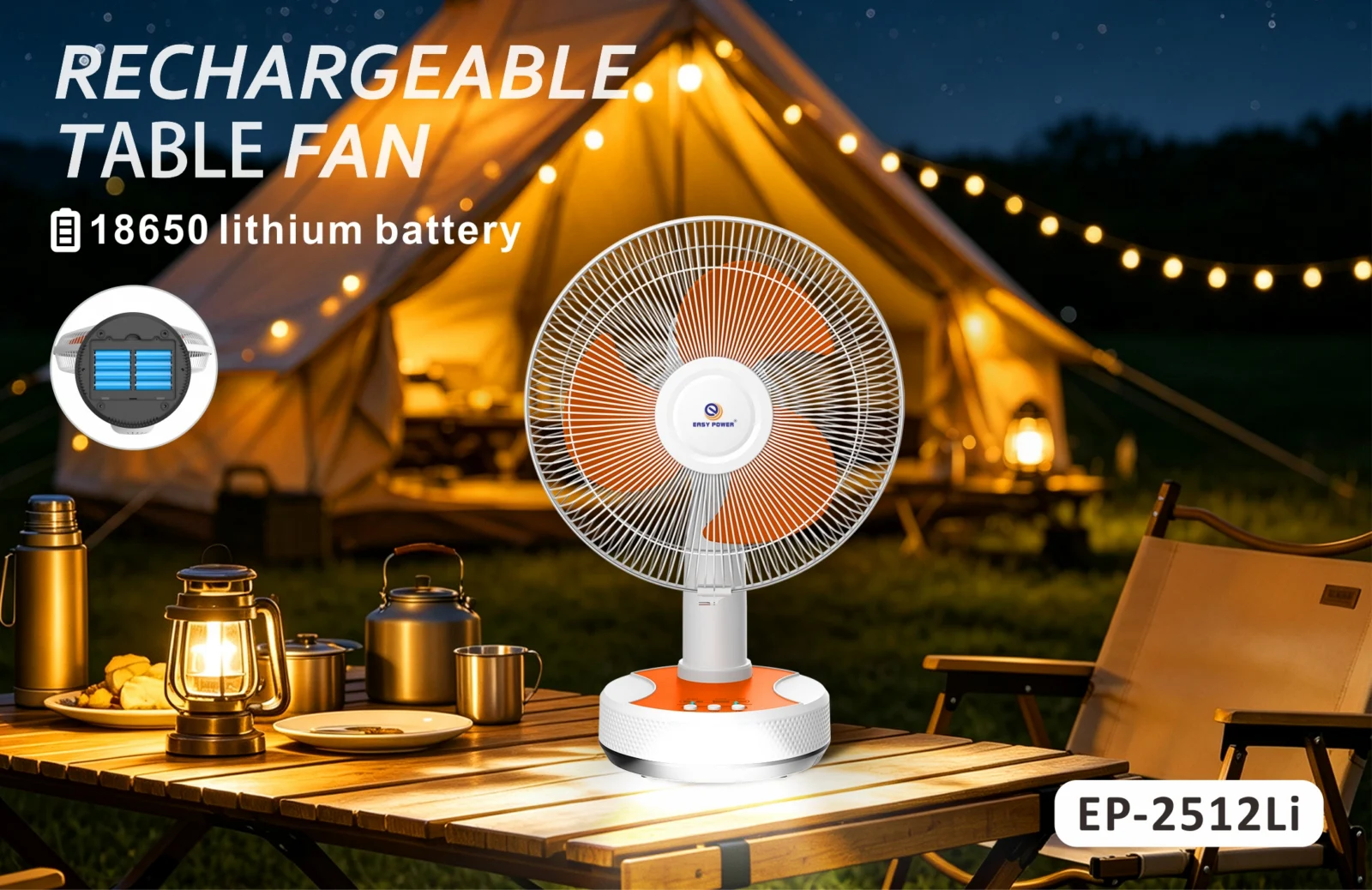 Ventilador de mesa EASY POWER en una escena de camping